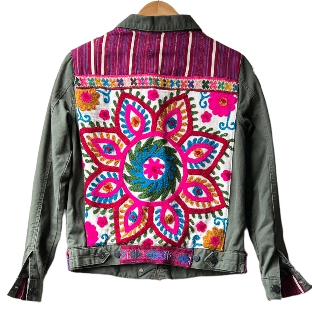 Two Tequila Sisters Custom Made Green Pink Denim Jacket Sz Small - Picture 1 of 13